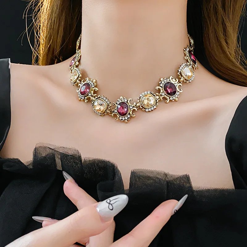 Collier Vintage en strass violet pour femmes, boucles d'oreilles pendantes, Style palais, collier rond géométrique, ensembles de bijoux pour dames