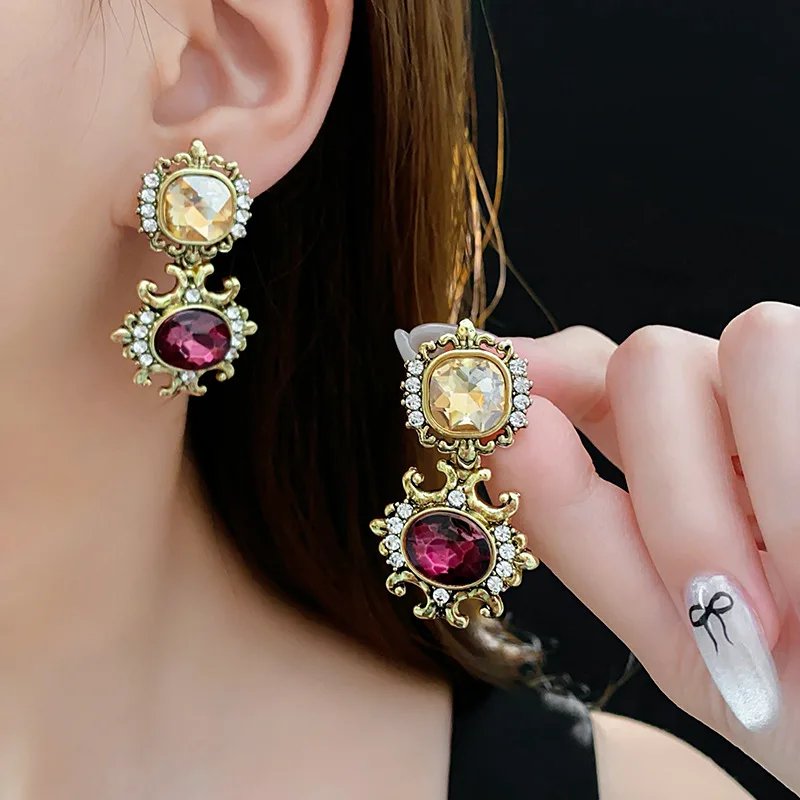 Collier Vintage en strass violet pour femmes, boucles d'oreilles pendantes, Style palais, collier rond géométrique, ensembles de bijoux pour dames