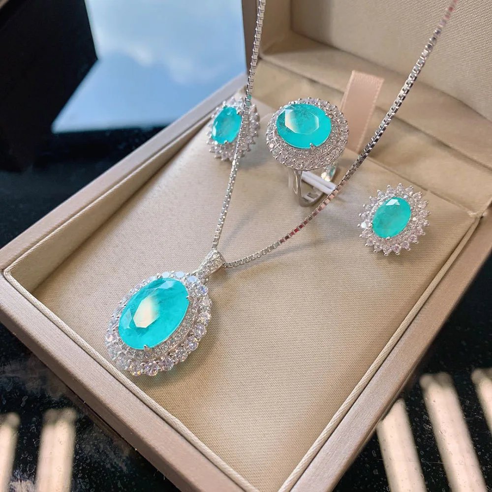 Vintage 100% solide 925 argent Sterling Paraiba Tourmaline Gesmtone pendentif/collier/boucles d'oreilles/bague ensemble de bijoux fins pour les femmes