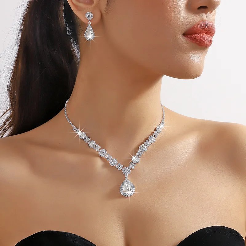Ensemble de 3 colliers gouttelettes de cristal pour femmes, avec boucles d'oreilles, accessoires pour robe de soirée de mariage