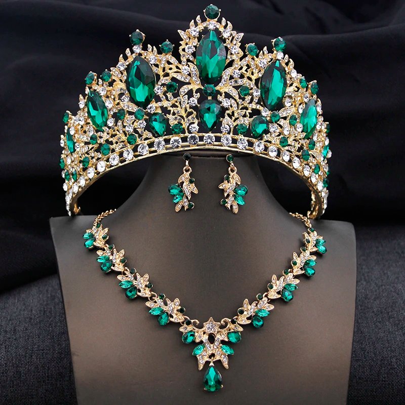 Ensemble de diadèmes verts de mariée, couronne en cristal, ensembles de bijoux de mariée pour femmes, robe de mariée, collier, boucles d'oreilles, accessoires de Costume Ensemble de diadèmes verts de mariée, couronne en cristal, ensembles de bijoux de mariée pour femmes, robe de mariée, collier, boucles d'oreilles, accessoires de Costume