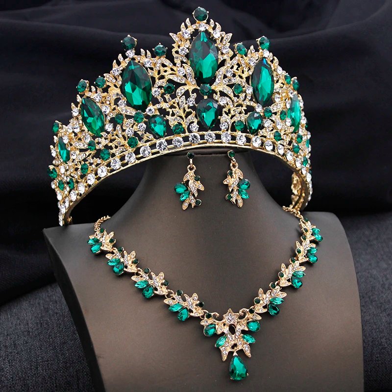 Ensemble de diadèmes verts de mariée, couronne en cristal, ensembles de bijoux de mariée pour femmes, robe de mariée, collier, boucles d'oreilles, accessoires de Costume Ensemble de diadèmes verts de mariée, couronne en cristal, ensembles de bijoux de mariée pour femmes, robe de mariée, collier, boucles d'oreilles, accessoires de Costume