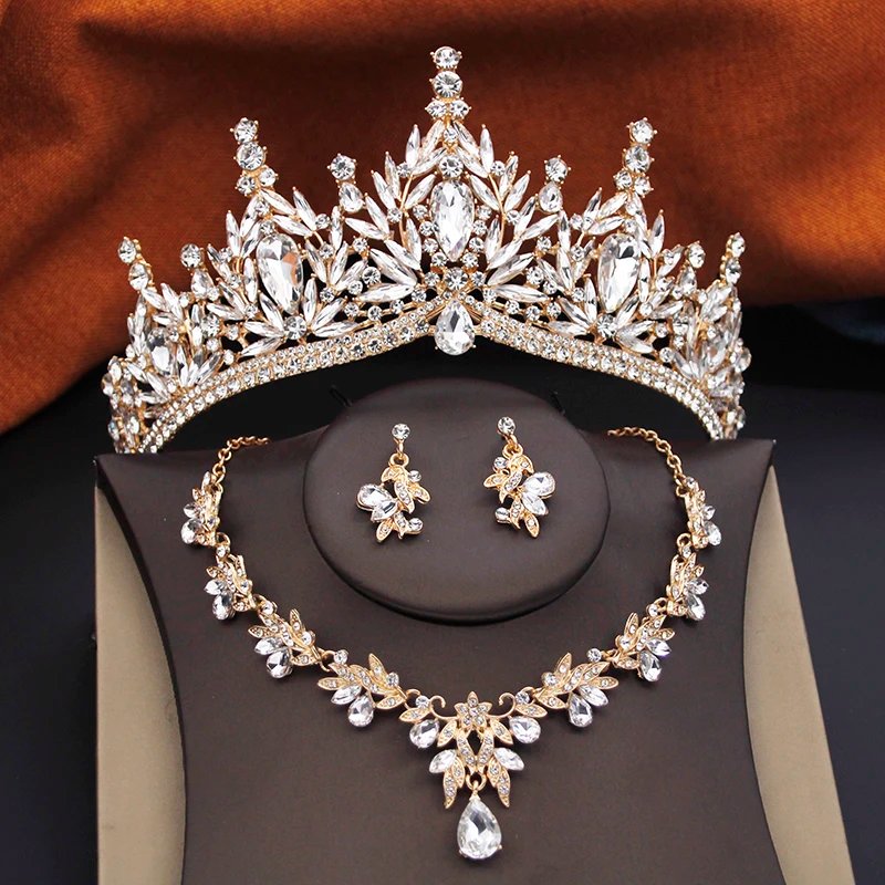 Ensemble de bijoux et diadèmes de couronne de mariage princesse, 3 pièces, collier et boucles d'oreilles de mariée vert rose, accessoire de bal d'anniversaire pour filles