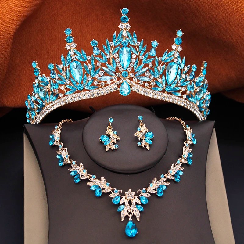 Ensemble de bijoux et diadèmes de couronne de mariage princesse, 3 pièces, collier et boucles d'oreilles de mariée vert rose, accessoire de bal d'anniversaire pour filles