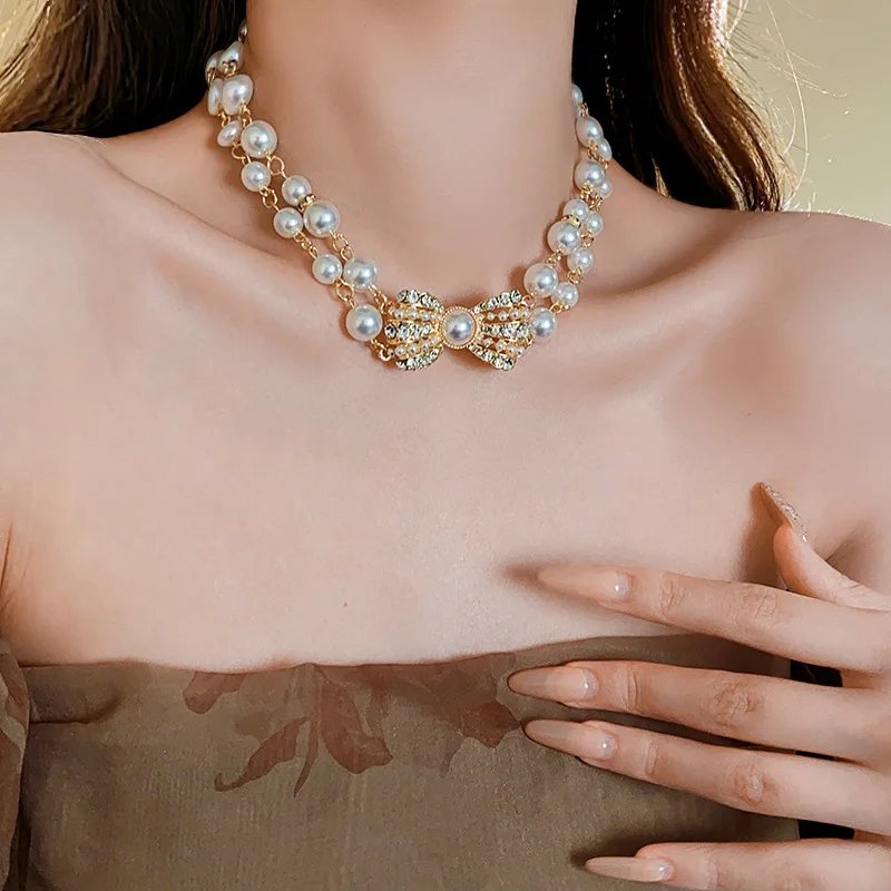 Strass Perle Fleur Bowvétérans t Chokers pour Femmes, Légère, Luxe, Délicat, Polyvalent, Bijoux, Mode, Vente en Gros