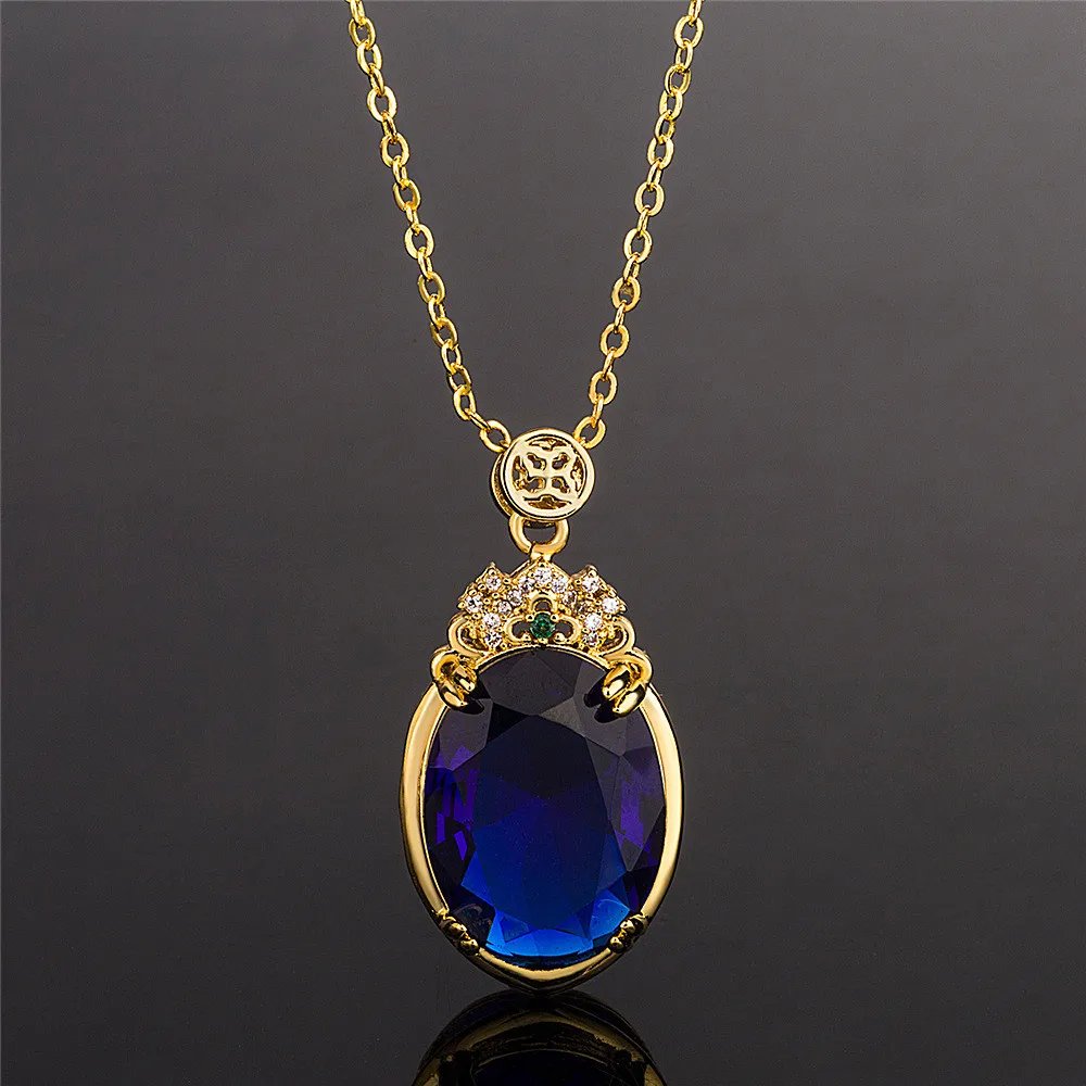 Collier Vintage en saphir ovale avec pendentif en cristal bleu pour femmes, bijoux ras du cou, couleur or 18k Collier Vintage en saphir ovale avec pendentif en cristal bleu pour femmes, bijoux ras du cou, couleur or 18k
