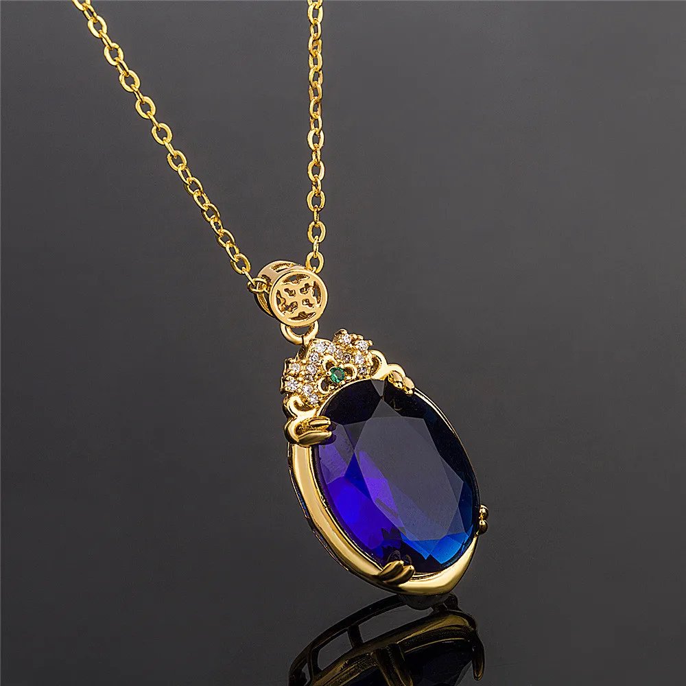 Collier Vintage en saphir ovale avec pendentif en cristal bleu pour femmes, bijoux ras du cou, couleur or 18k Collier Vintage en saphir ovale avec pendentif en cristal bleu pour femmes, bijoux ras du cou, couleur or 18k